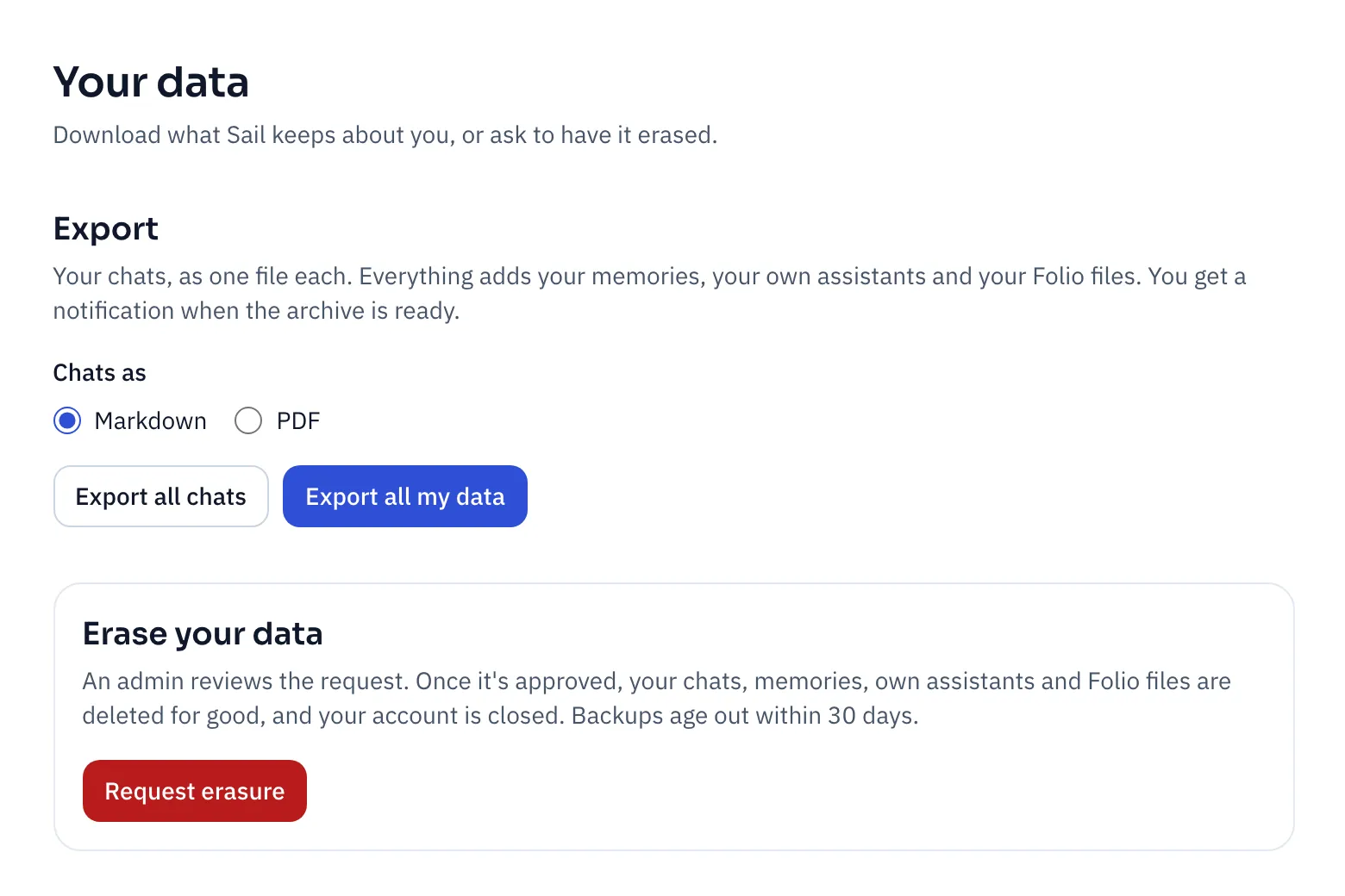 Your data: export your chats as Markdown or PDF, Export all chats, Export all my data, and Erase your data with a Request erasure button