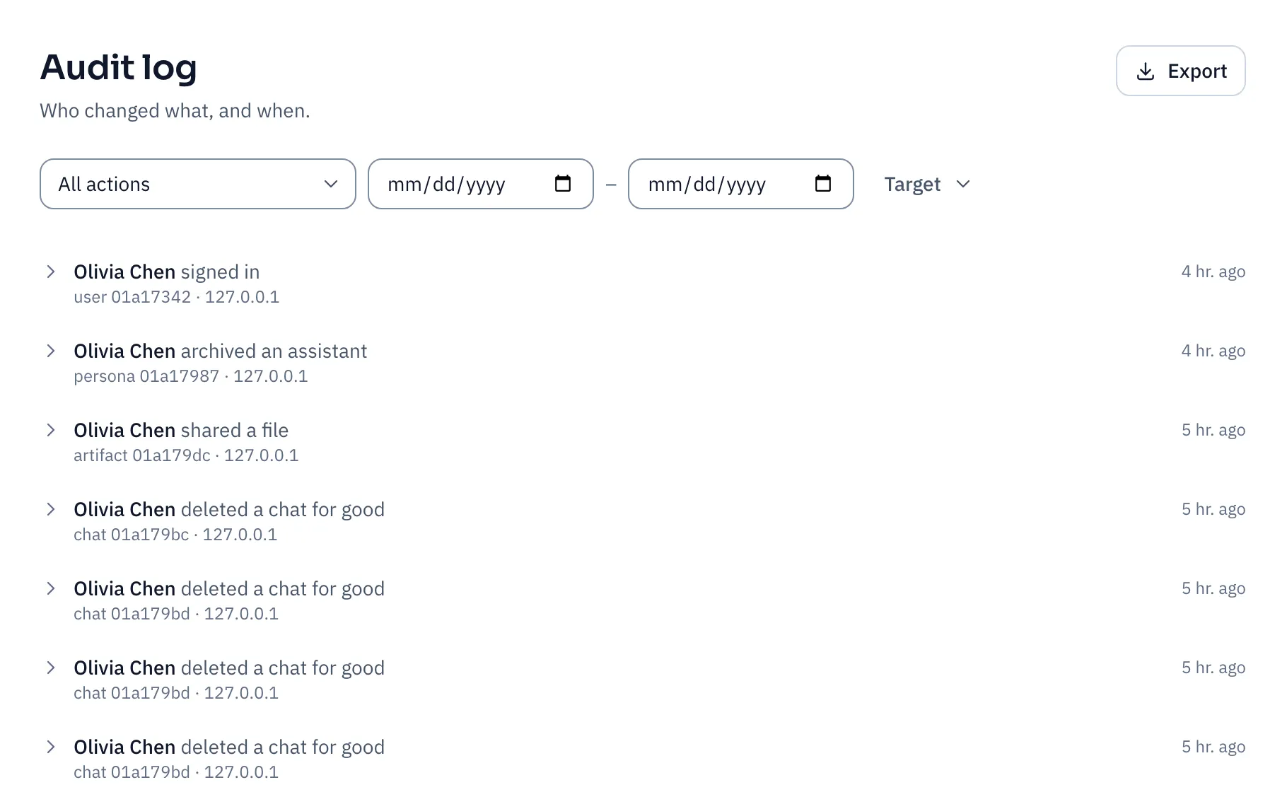 The Audit log: filters for action, date range and target, and a list of entries such as signed in, archived an assistant, shared a file and deleted a chat for good