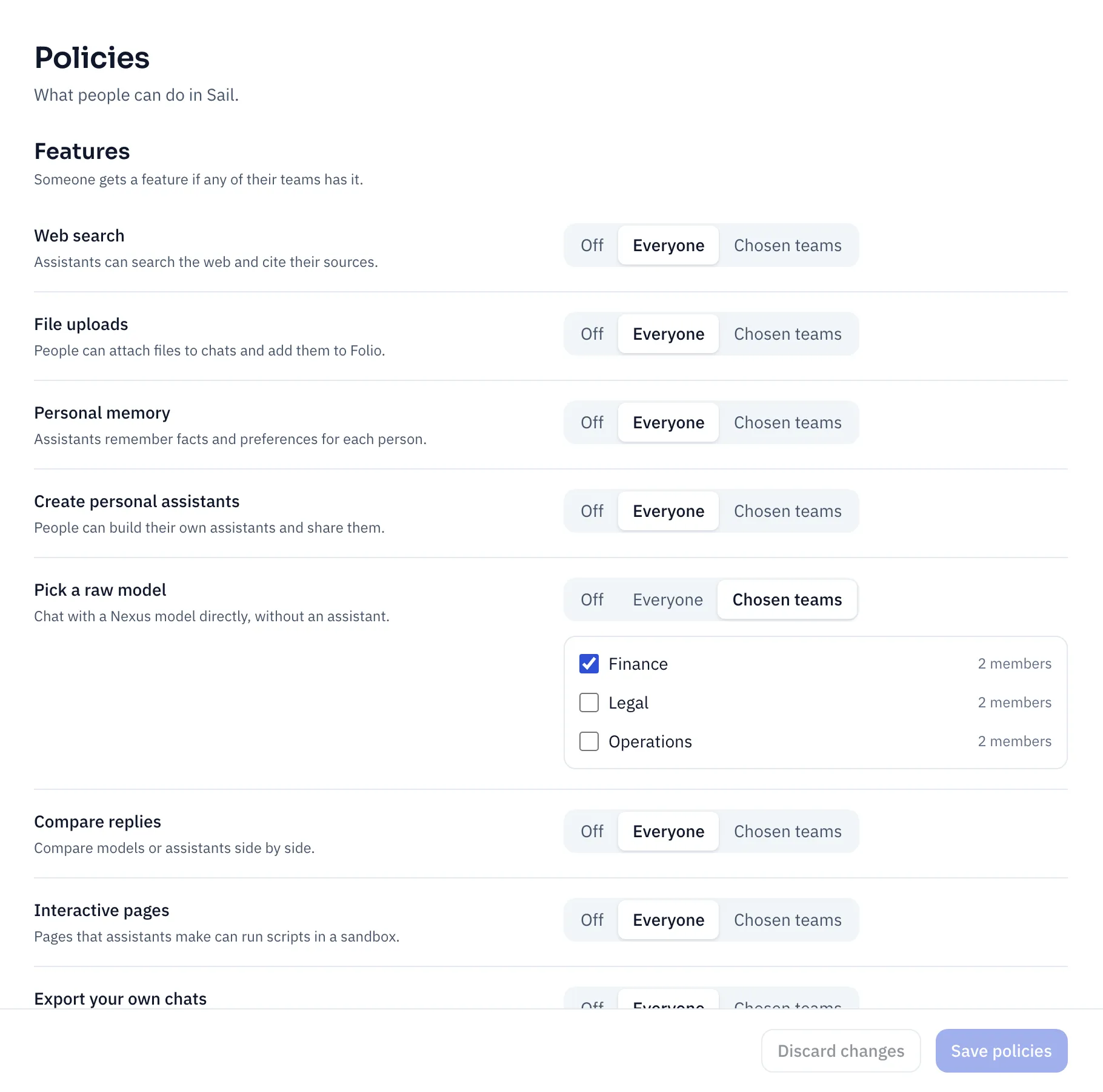The Policies page: Web search, File uploads, Personal memory and Create personal assistants set to Everyone, and Pick a raw model set to Chosen teams with Finance ticked