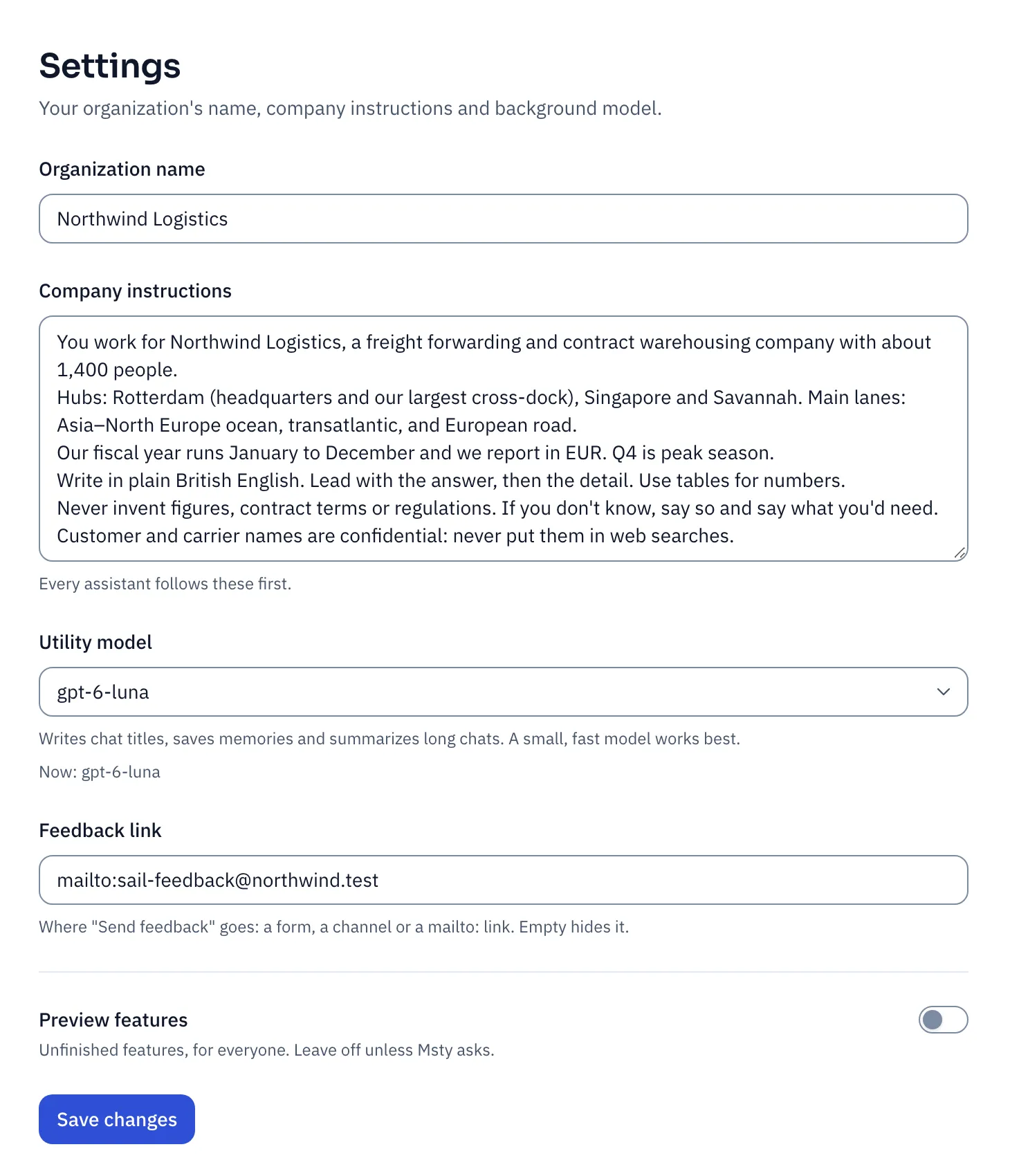 The Settings page: organization name, company instructions describing Northwind Logistics and its house style, the utility model, the feedback link and preview features