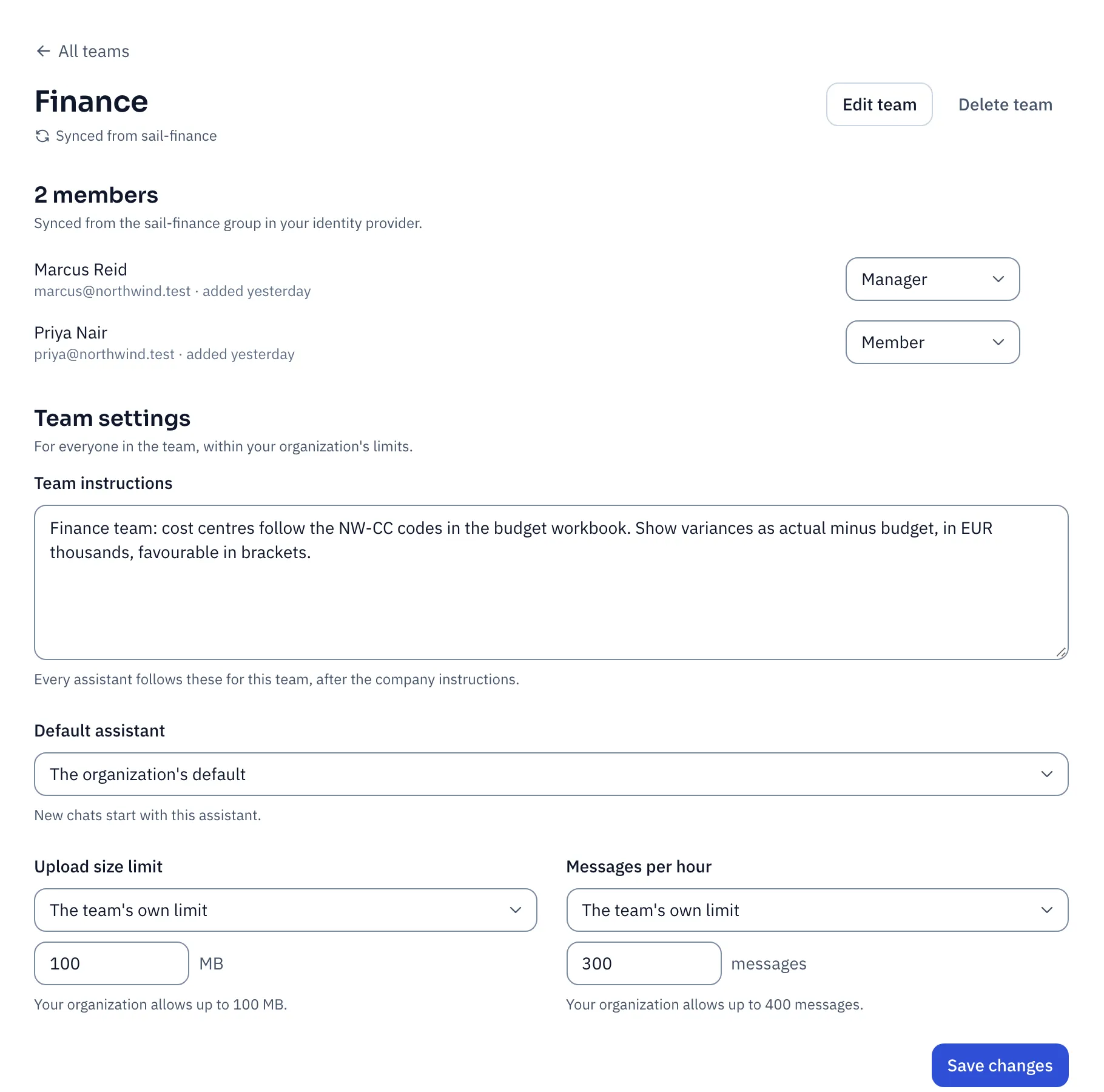 The Finance team page: its members with their roles, and team settings for instructions, default assistant, upload size and messages per hour