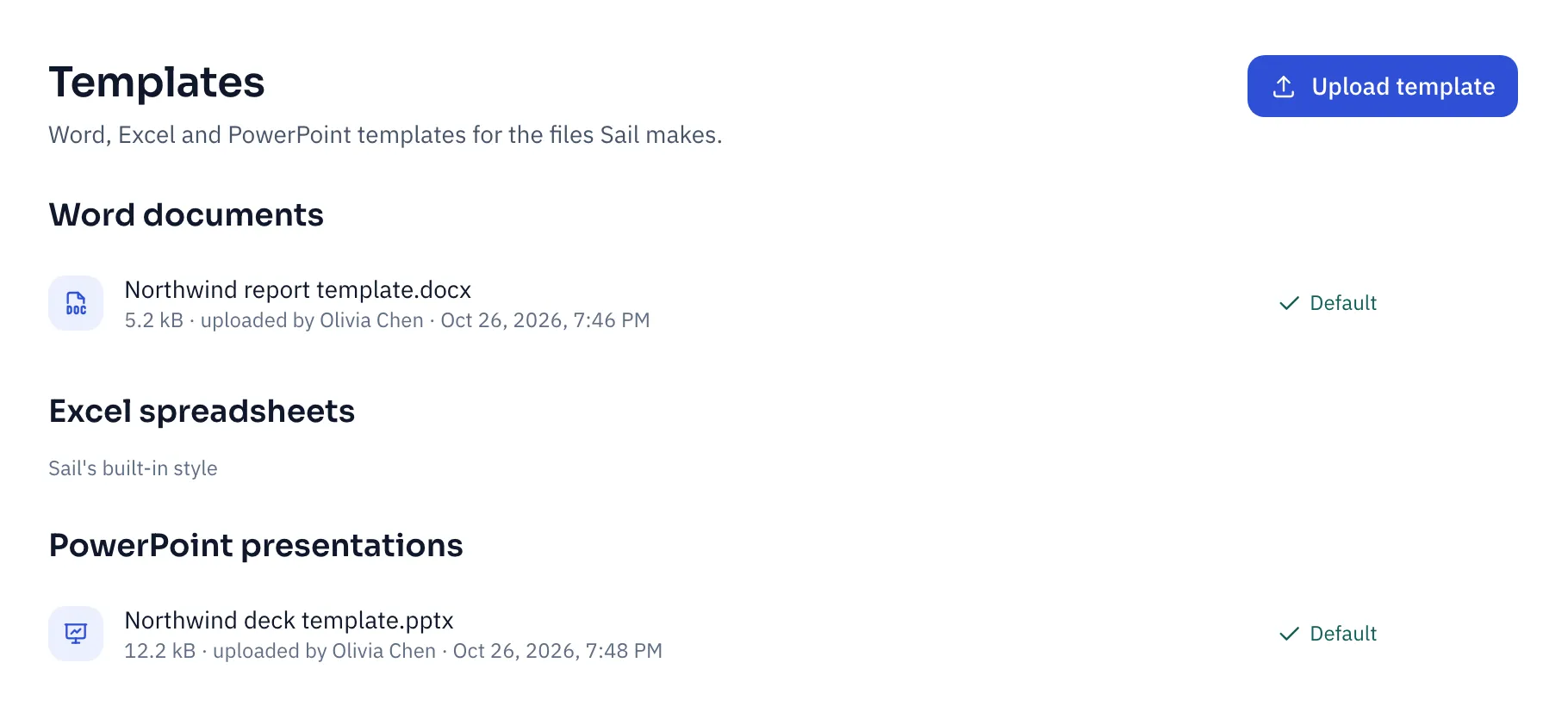 The Templates page with a Northwind report template for Word documents and a deck template for PowerPoint, each marked Default, and Sail's built-in style for Excel