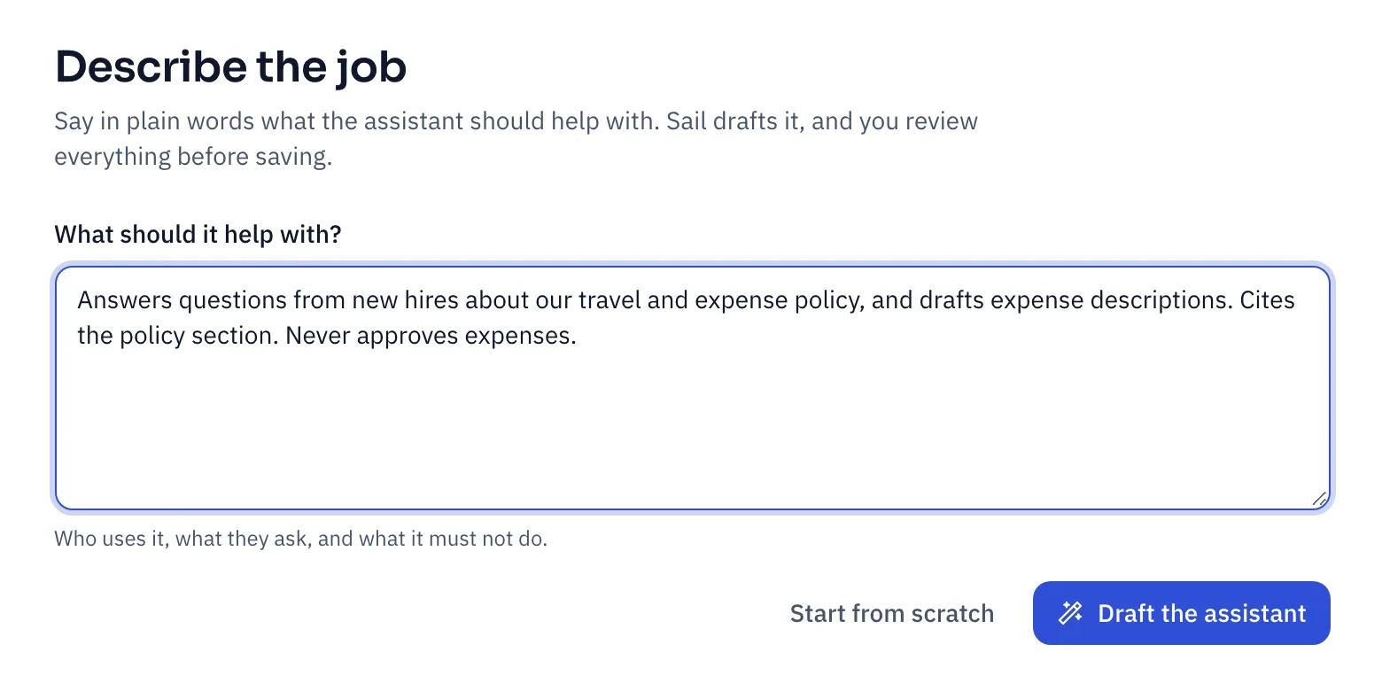The Describe the job page, with a description of a travel and expenses helper typed in