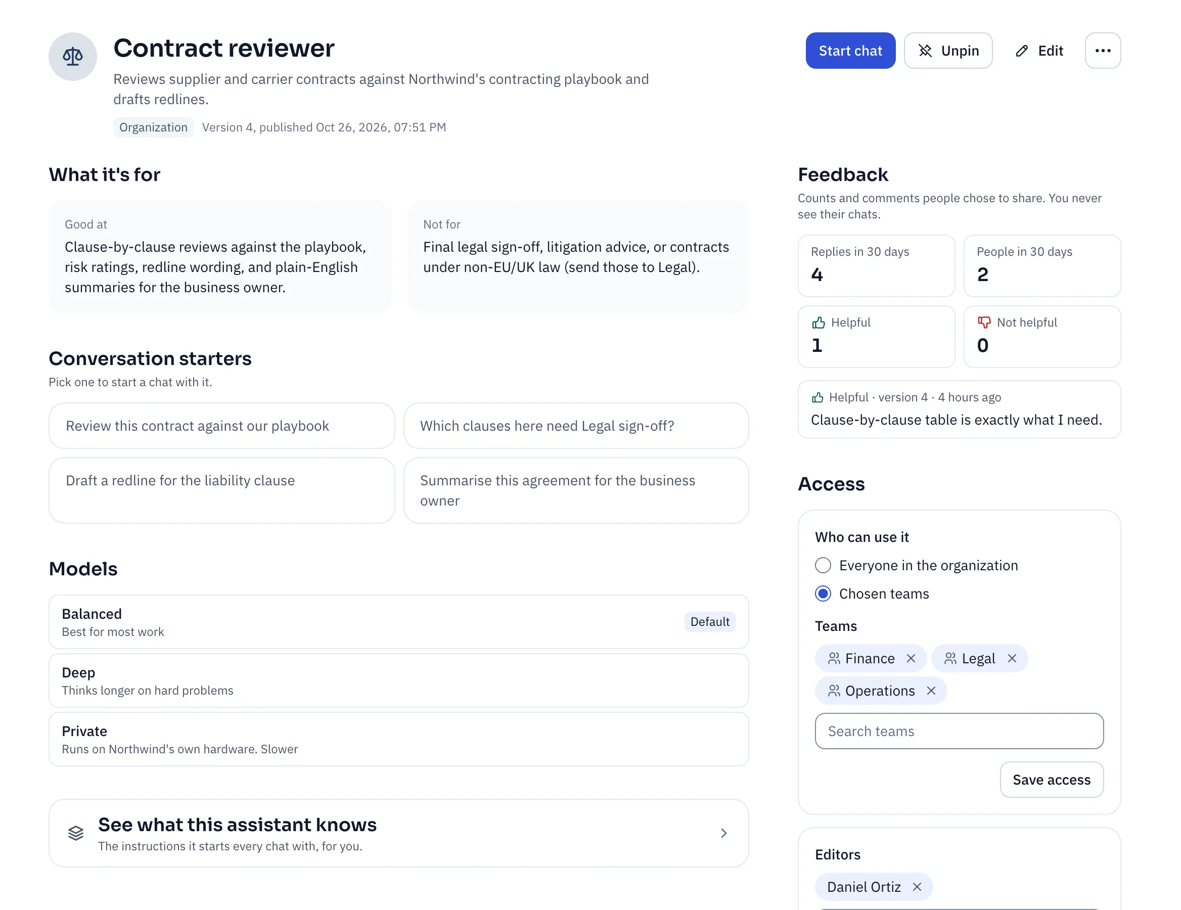 The Contract reviewer's page, with what it's good at, what it's not for, its starters and its models