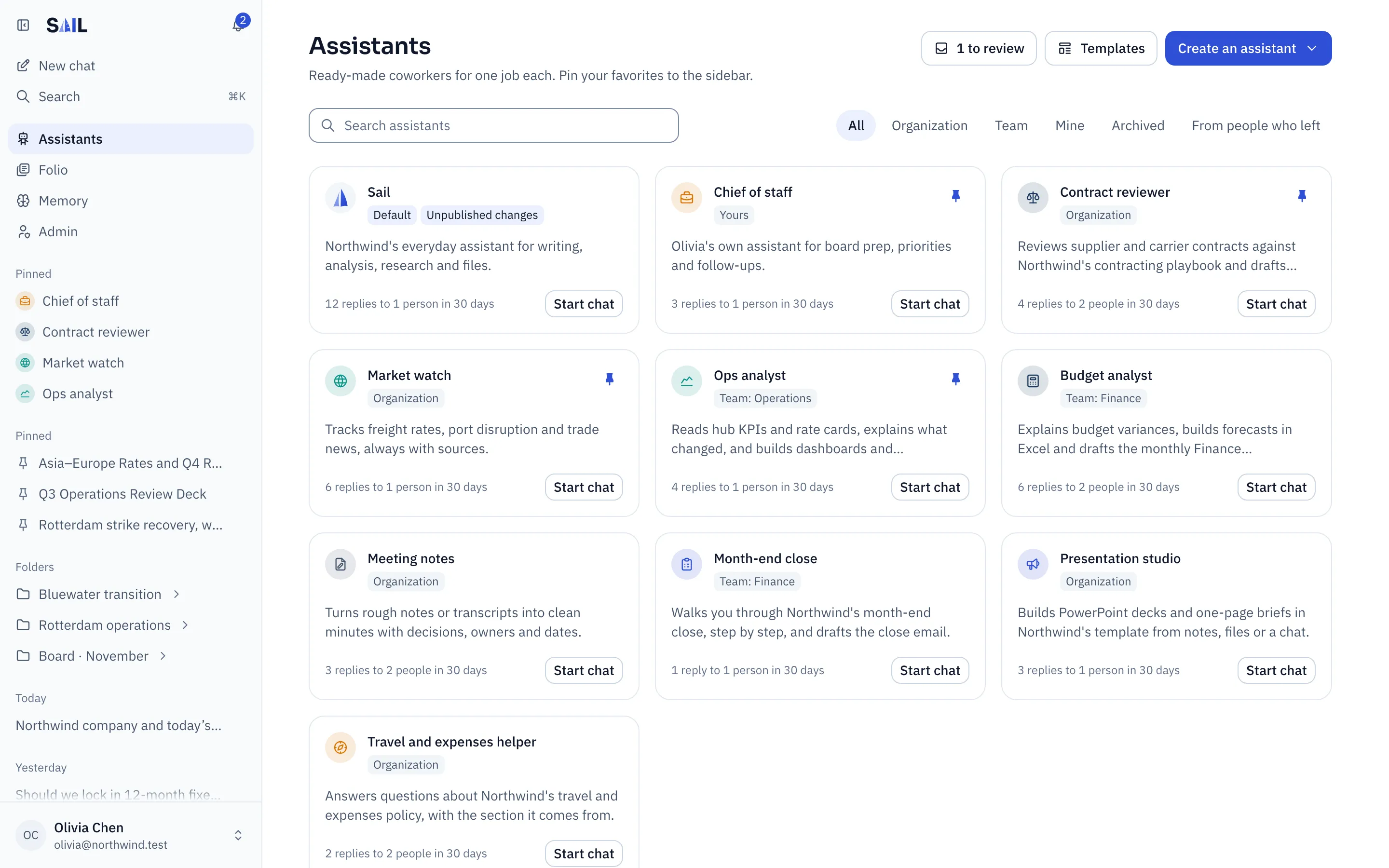 The Assistants directory: a grid of cards, each with a name, who it belongs to, a one-line description and a Start chat button