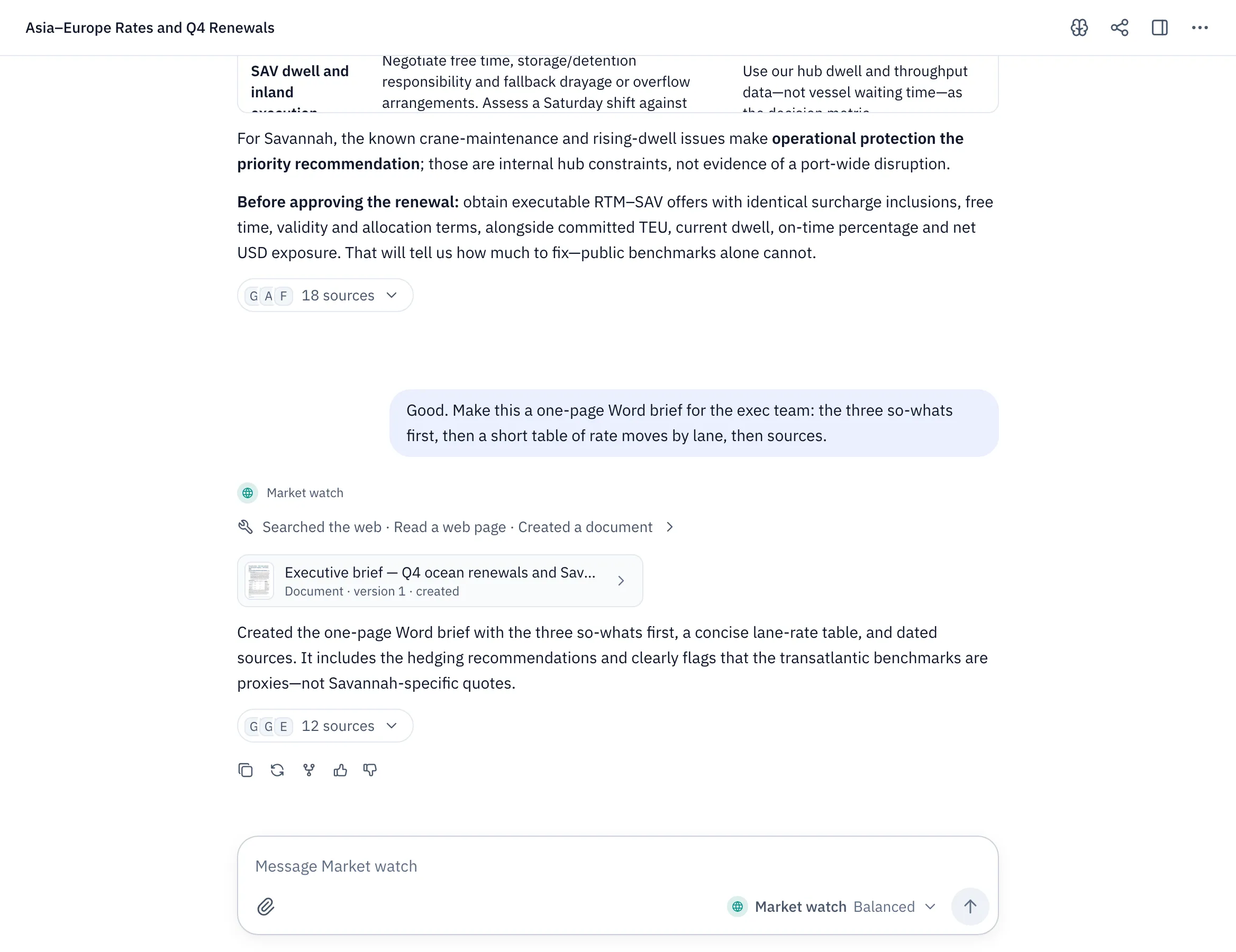 A reply that searched the web, made a Word document and lists its sources, with actions underneath