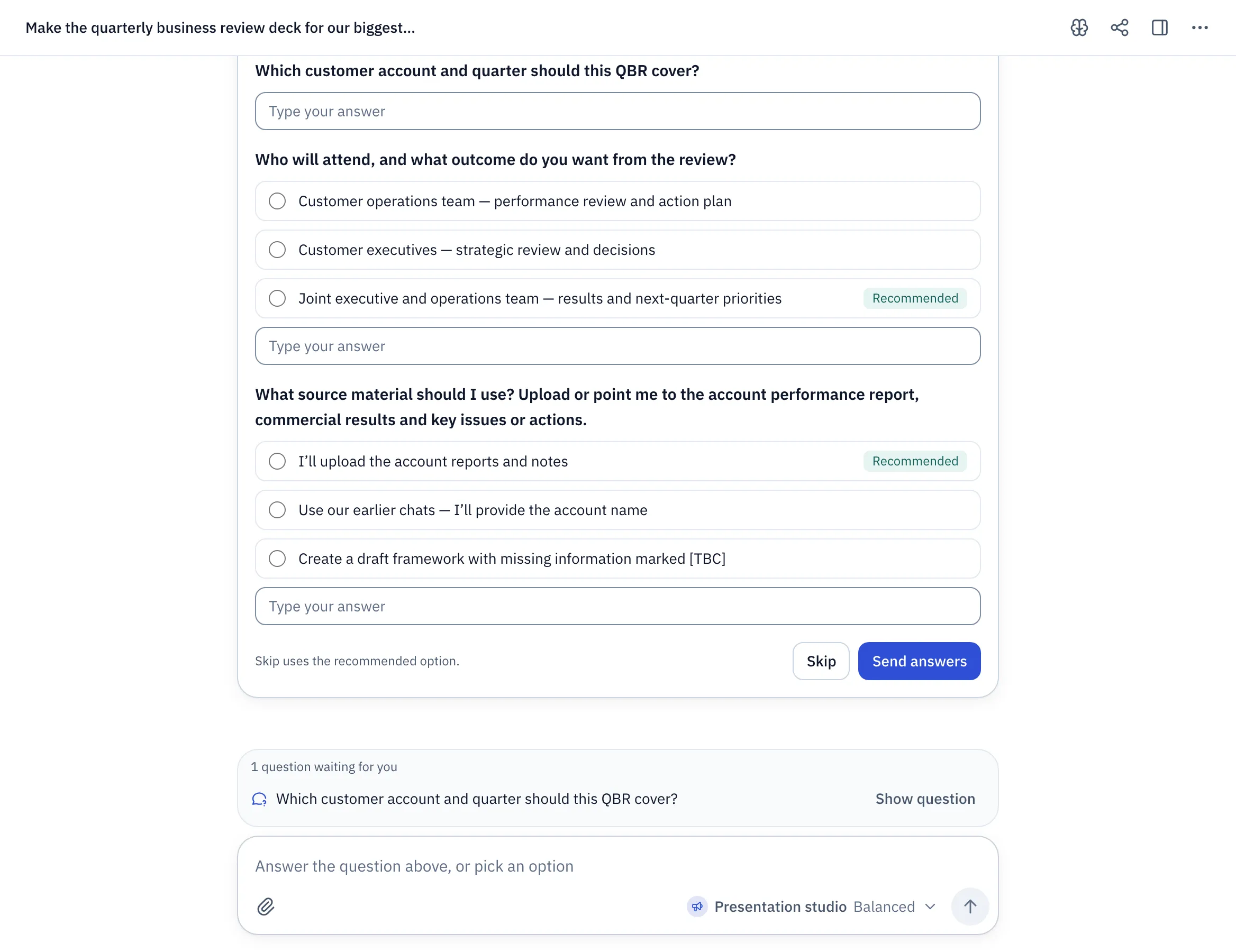 A question card titled Needs your answer, with options for the audience of a quarterly business review deck and a recommended choice