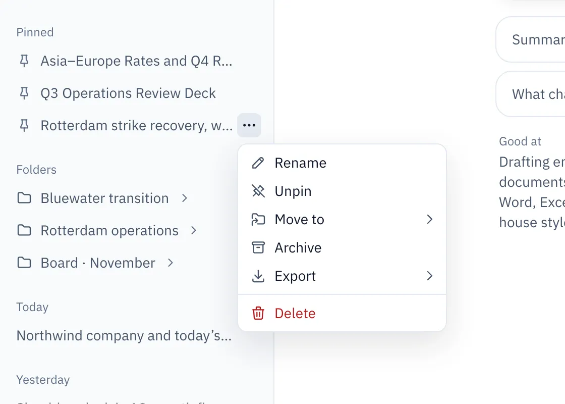 The chat actions menu open on a sidebar chat: Rename, Unpin, Move to, Archive, Export and Delete