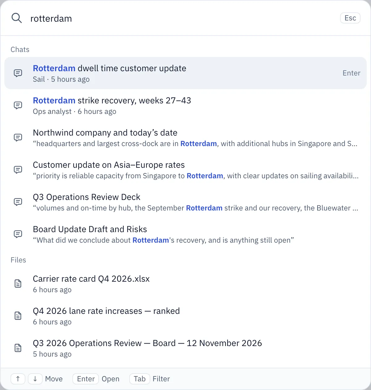 The search window with "rotterdam" typed, showing matching chats, some with a snippet of the matching message, and matching files