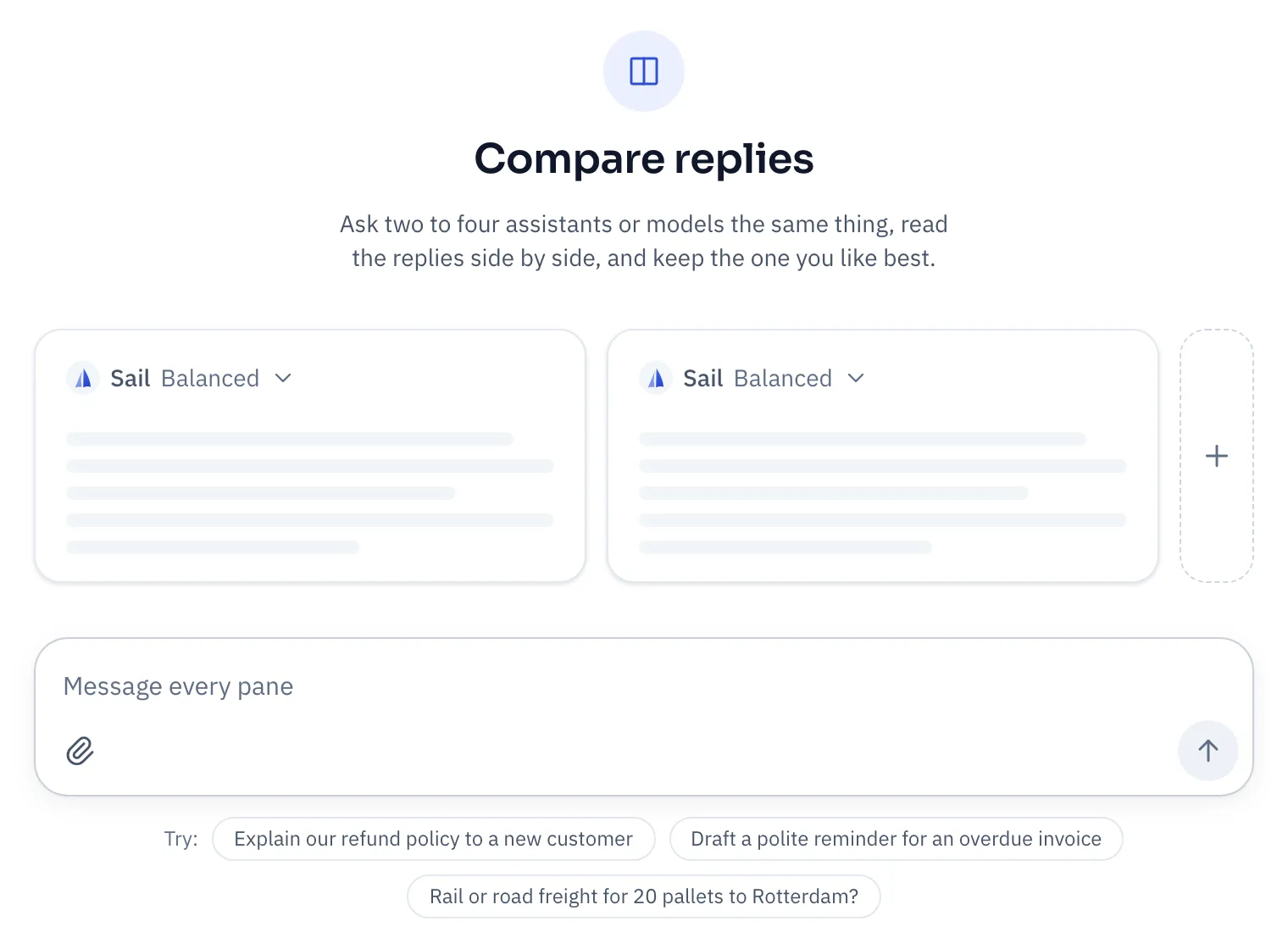 The Compare replies page with two panes, each with an assistant and model picker, a plus button for a third pane, and a message box that sends to every pane