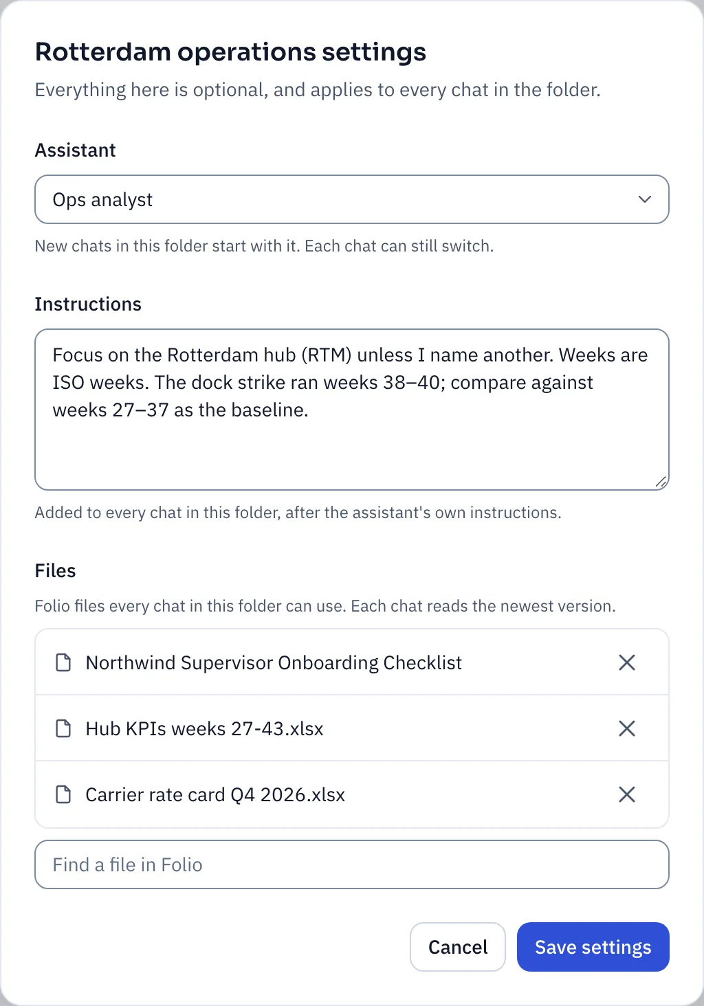 The folder settings dialog for Rotterdam operations, with Ops analyst as its assistant, instructions about the strike weeks, and two Folio files