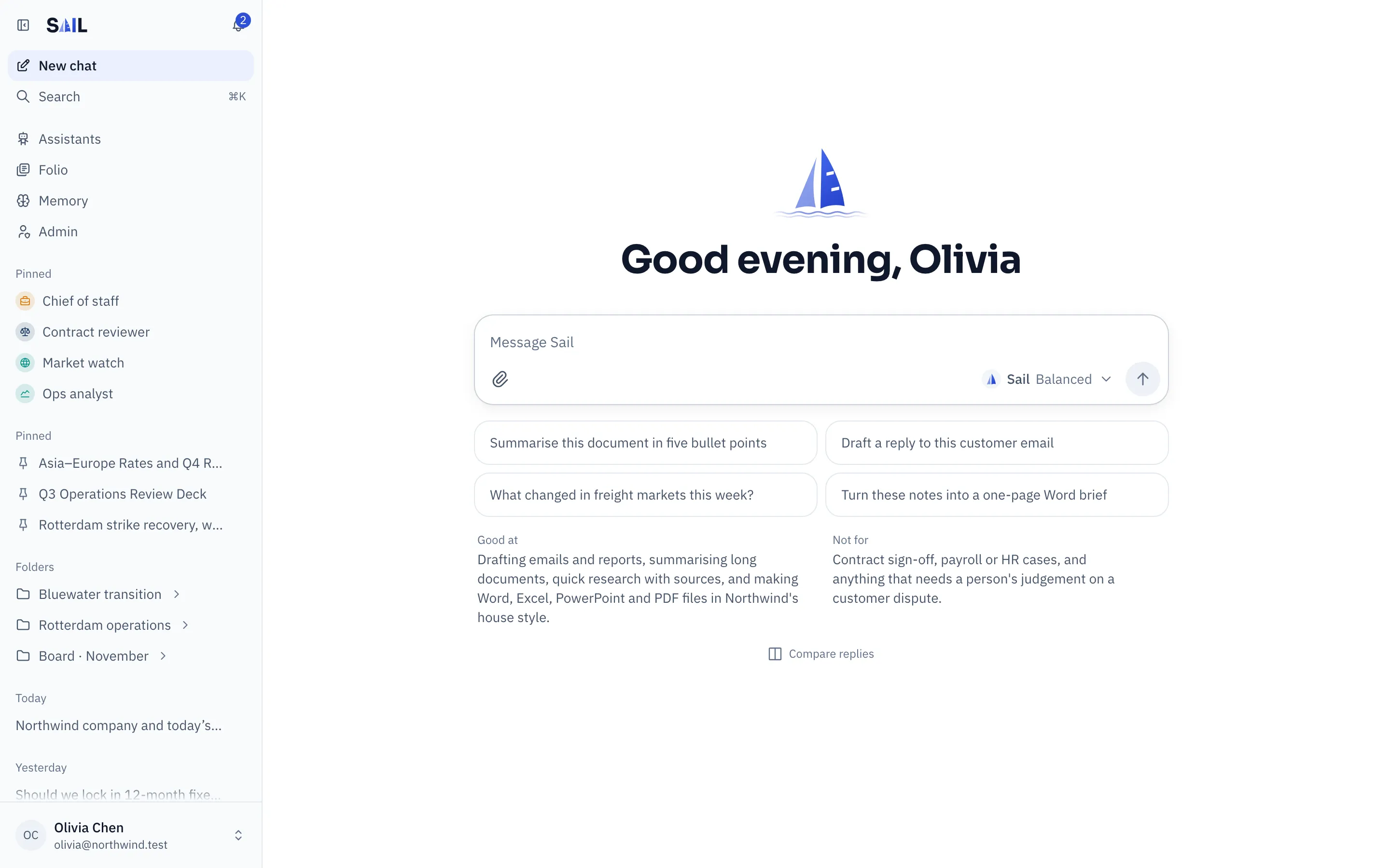 Sail's home screen with the sidebar on the left and the message box in the middle