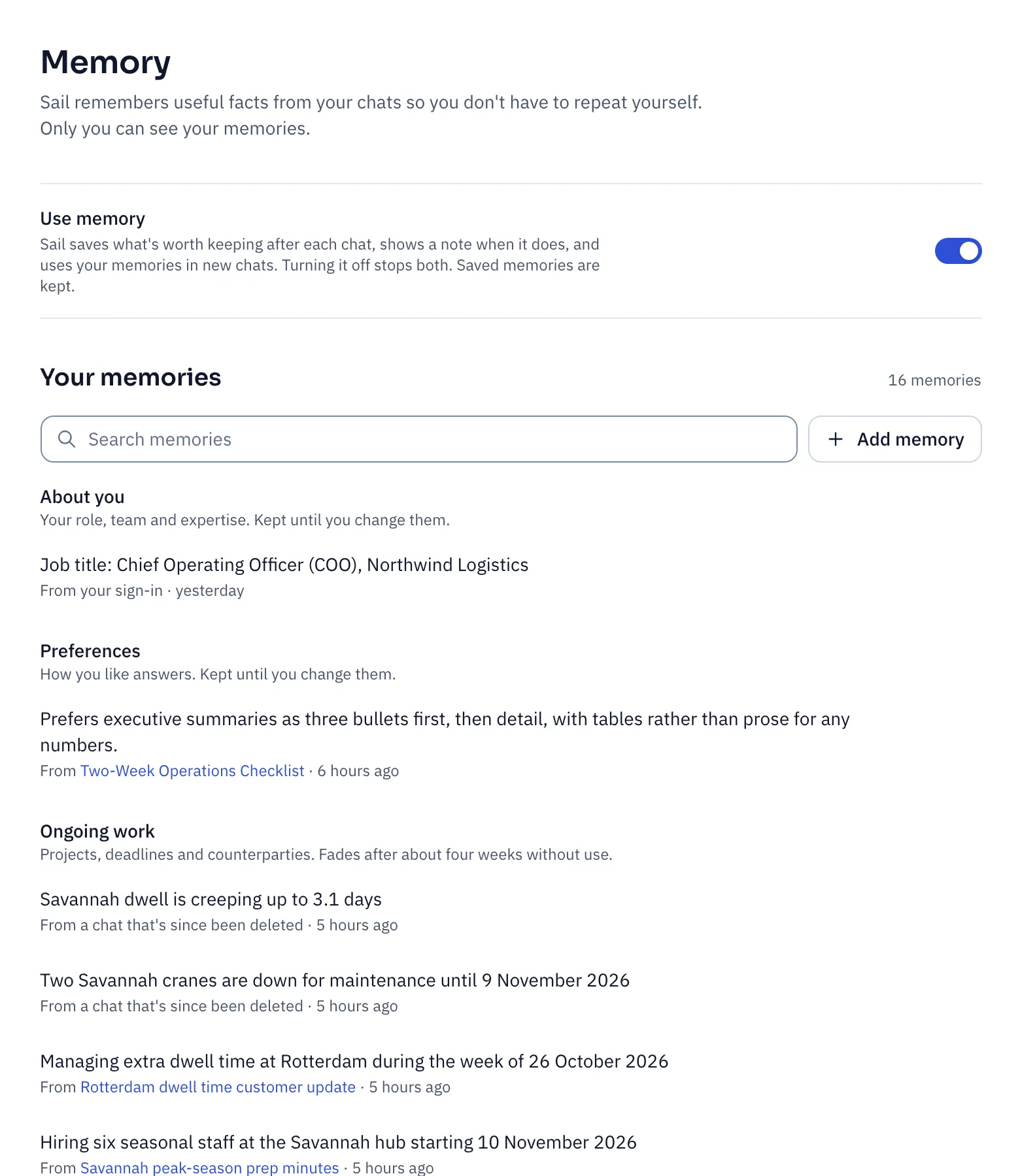 The Memory page: the Use memory switch, a search box, Add memory, and memories grouped into About you, Preferences and Ongoing work, each showing which chat it came from