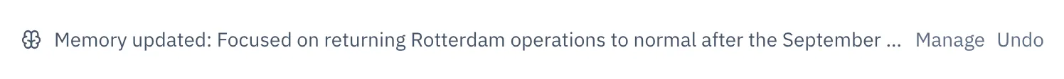 A line under a reply reading Memory updated, with Manage and Undo