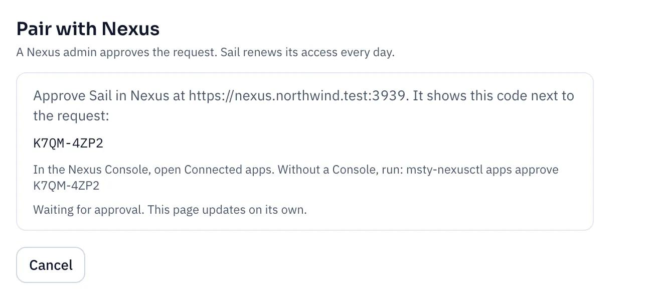 Sail waiting for approval, showing the pairing code K7QM-4ZP2 and how to approve it