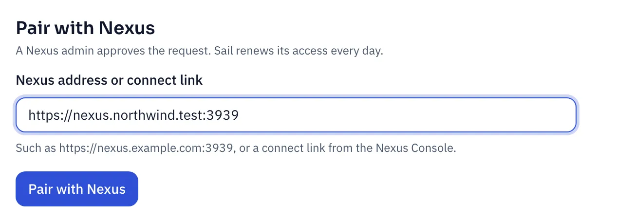 The Pair with Nexus panel, with a Nexus address typed in and a Pair with Nexus button