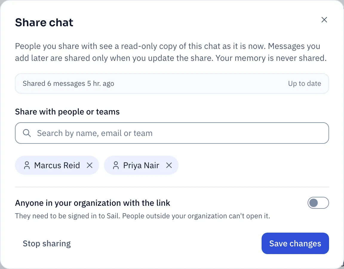 The Share chat dialog, with a colleague added, the link option, and a note that they see a read-only copy as it is now